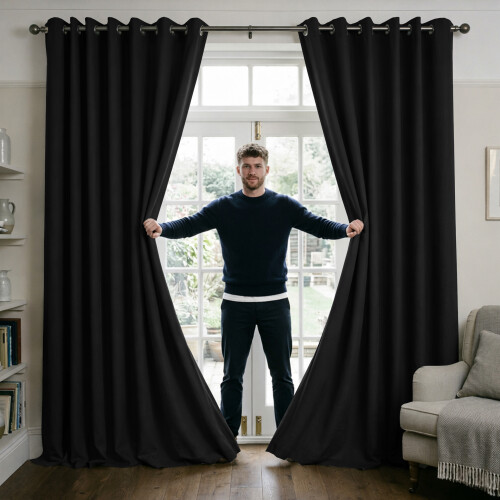 (BLACK, 90" Width x 90" Drop) Thermal Blackout Eyelet Ring Top Curtains Pair + Tie Back