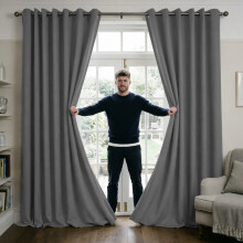 (GREY, 90"x90") Thermal Blackout Eyelet Ring Top Curtains Pair + Tie Back