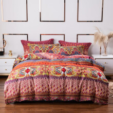 Boho Duvet Cover Set Queen Size Orange Reversible Cotton Bohemian Bedding ThreePiece Vibrant Pattern