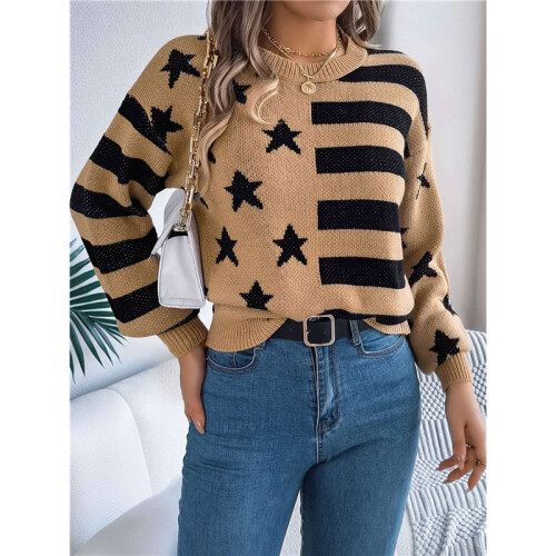 Women'S Striped Drop Shoulder Sweater Oversized Crew Neck Knit Sweaters Pullover Top Khaki S 2