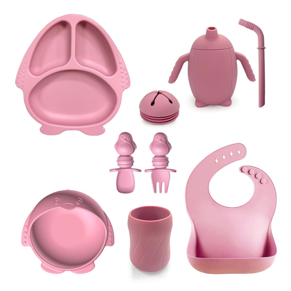 Silicone Baby Feeding Set With Suction Plate Bowl Bib Cup And Spoon, 9Piece Baby Weaning Set Pink