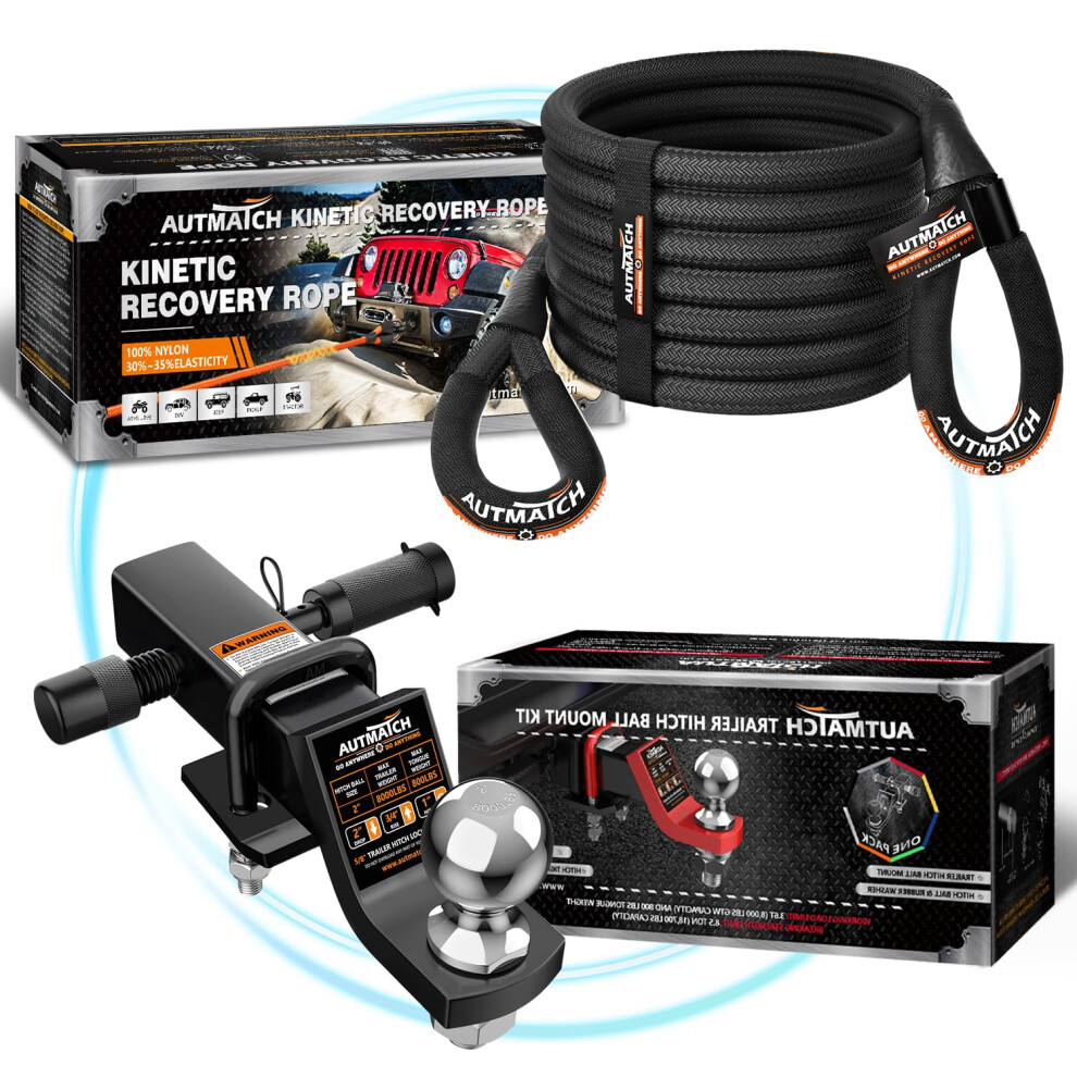 Kinetic Recovery Tow Rope 1'X20ft With Hitch Ball Mount, Heavy Duty 4X4 Offroad Strap 48000Lbs Nylon 9073542268444