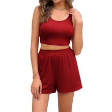 Two Piece Summer Outfits 2 Piece Sets 2025 Matching Lounge Crop Top High Waisted Short Wine Red M