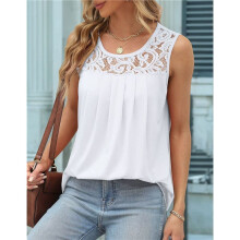Canotte Estive da Donna, Ampie, Plissettate, Scollo A Barchetta, Senza Maniche, In Pizzo, Orlo Curvo, Fluide Bianco XL