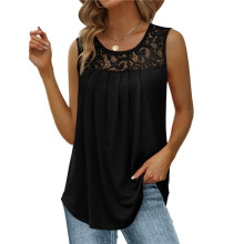 Summer Tank Tops for Women Loose Fit Pleated Tunics Scoop Neck Sleeveless Lace Tops Curved Hem Flowy Black XL