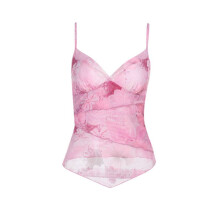 Top Floral Feminino Y2K com Decote em V, Bainha Irregular, Sem Mangas, Alças Finas Rosa S