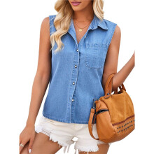 Women'S Denim Tank Top V Neck Button Down Collared Sleeveless Shirts Casual Blouse Tops XL
