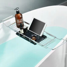 Expandable Stainless Steel Bathtub Caddy Tray with Non‑Slip Grip and Multi‑Slot Organizer, Chrome and Black