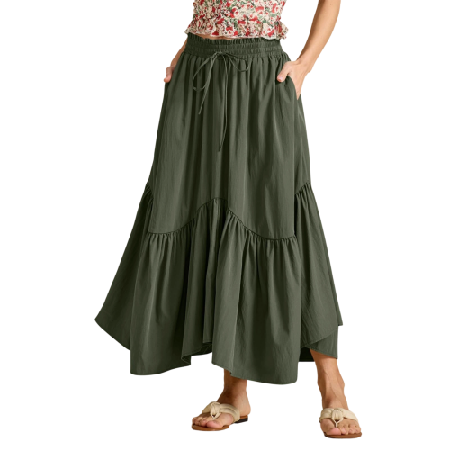 Drawstring High Waist Long Skirt With Practical-Army Green L