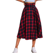 Women's plaid elastic waist A-line pleated taffeta maxi-Red M
