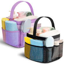 Mesh Shower Caddy Tote Bag for College Dorm, Large Capacity 9 Pockets, Quick Dry for Gym Travel Black and Purple