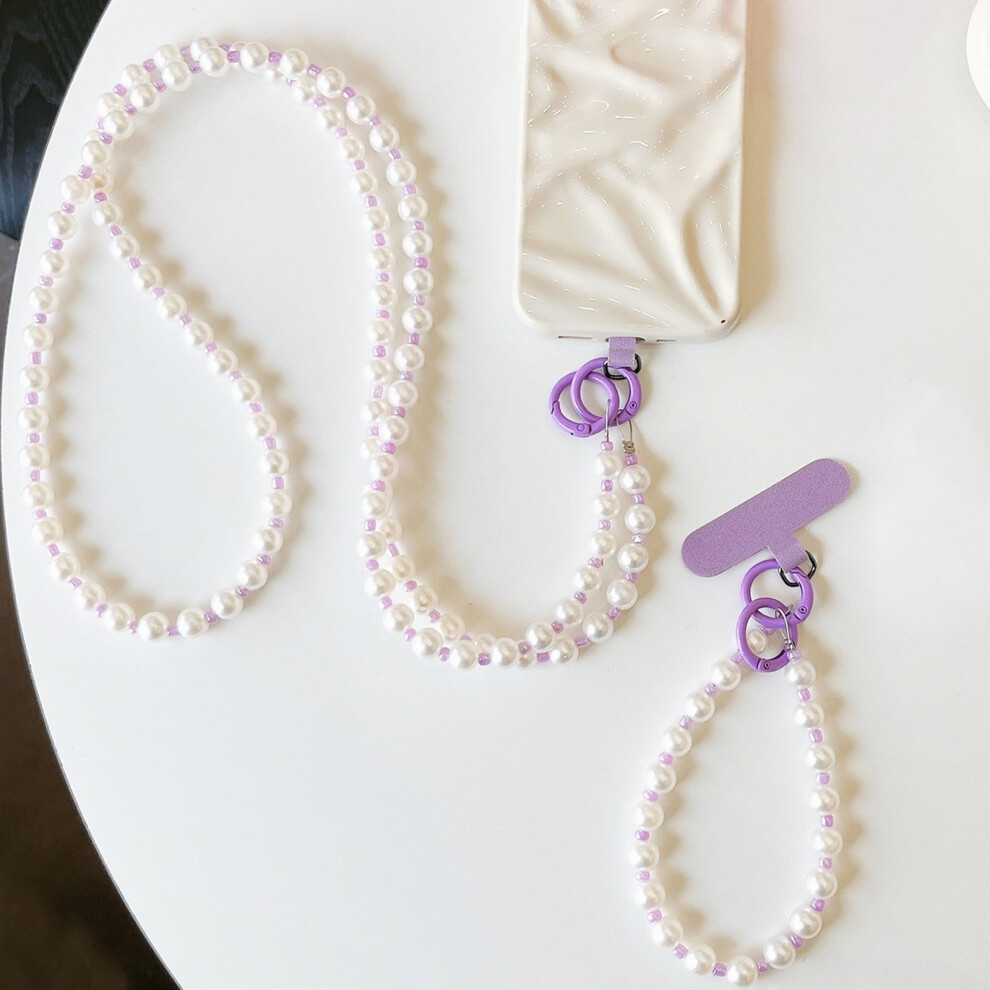 Pearl Beaded Phone Lanyard Strap Set For Women, Antitheft Crossbody And Detachable Wrist Chain Purple 9330225657569