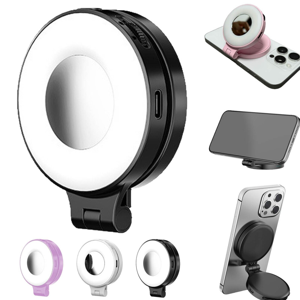 Selfie Ring With Mirror, 360 Foldable Magnetic Phone Selfie Threecolor Rechargeable Makeup Black Light 9330225657606