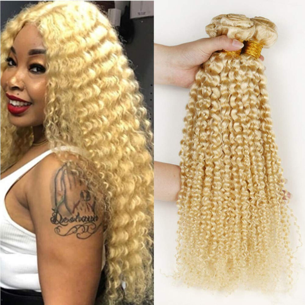 Unisex 613 Blonde Kinky Curly Brazilian Virgin Human Hair Bundles 26 Inch Bleach Blonde Weave Full Coverage