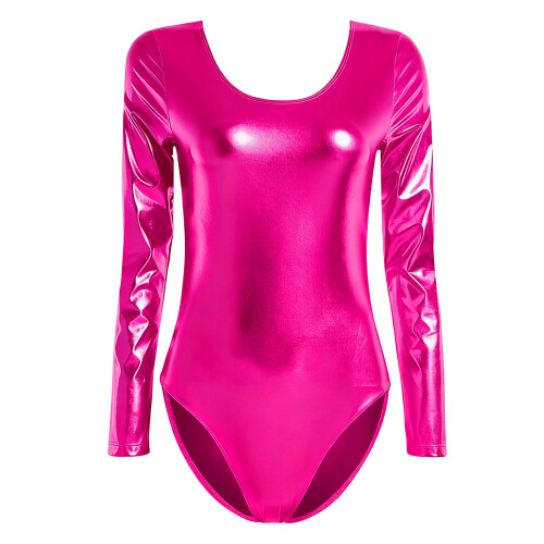 Trendy Form Fitting Leotard Lacquer Leather Jumpsuit-rose red M