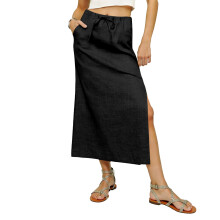 Linen Skirts for Women Ankle Length Linen Skirt with-Black S