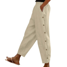 Trendy Elastic Waistband Pants Side Button Pockets-Apricot M