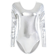Shining High Gloss Lacquer Leather Bodysuit-silvery white S