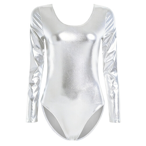 Trendy Form Fitting Leotard Lacquer Leather-silvery white M