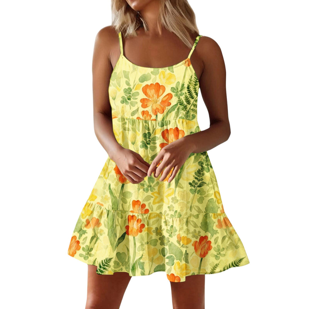 Women Spaghetti Strap Ruffle Tiered Short Flowy Dress- Xl Yellow