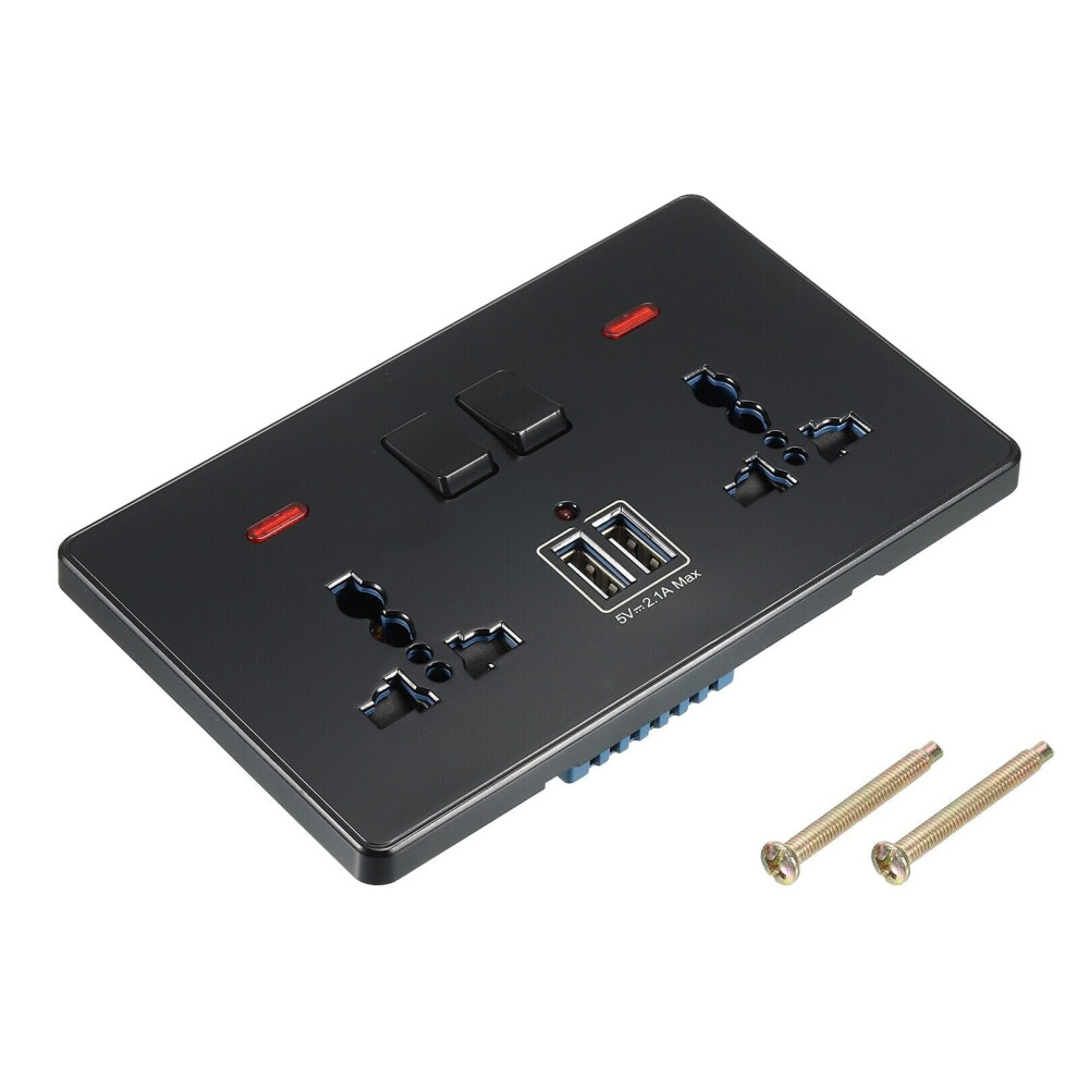 Uk Socket With Usb, 13A Switched Dual Power Outlet, Black 2 Gang Wall Socket, Fast Charging Ports 9330225614739