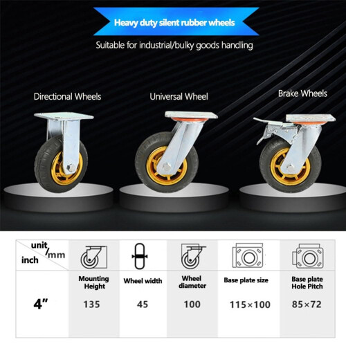 4 inch Locking Caster Wheels with Brake, Heavy Duty Rubber, Directional, 2 Pack 2