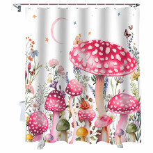 Pink Mushroom Shower Curtain with Hooks, Waterproof Fabric Bathroom Curtain 66x72, Butterfly Flower Decor