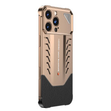 Luxury Aluminum Alloy Leather Hybrid Case for iPhone 16 Pro Max Brass Finish with Camera Lens Protection