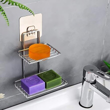 Double Layer Wall Mounted Soap Dish, RustResistant Stainless Steel Holder with Drainage and Self Adhesive for Bathroom Kitchen (Silver)