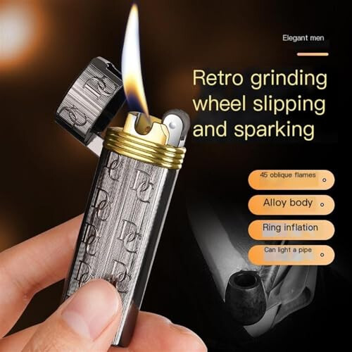 Retro Butane Lighter for Men, Metal Refillable Lighter with Precise Angled Flame and Vintage Roller Ignition 2