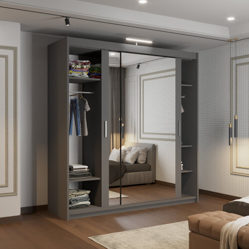 (203cm, Grey) Mirrored Sliding Door Wardrobe 2