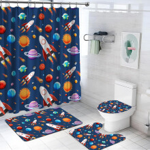 Kids Space Shower Curtain Set Waterproof Polyester Astronaut Rocket Galaxy Bathroom Decor for Boys