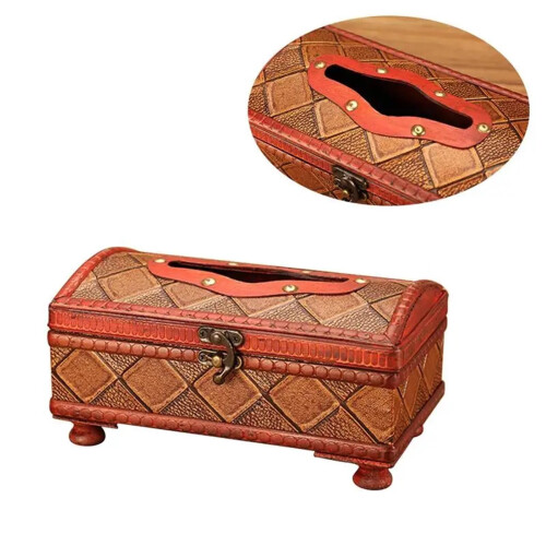 Wooden Tissue Box Cover Vintage Grape Pattern Decorative Home Organizer Easy Refill Access 1