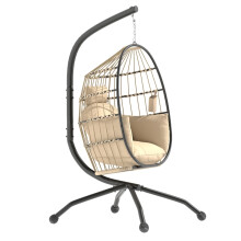 Hanging Egg Chair with Stand Outdoor Garden Swing Chair Folding with Folding Basket, Khaki,120L x 88W x 192Hcm