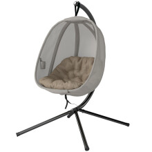(Khaki) Folding Hanging Egg Chair with Stand Grey Texteline Swing Hammock for Garden Patio 126cm x 97cm x 172cm
