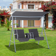 (Grey) 2 Seater Garden Swing Chair with Table & Cup Holders Outdoor Hammock