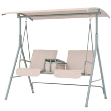 (Beige) 2 Seater Garden Swing Chair with Table & Cup Holders Outdoor Hammock