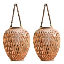 2X Outdoor Solar Imitation Rattan Lantern Courtyard Balcony Garden Decoration Candle Lights Atmosphere Bamboo Chandelier