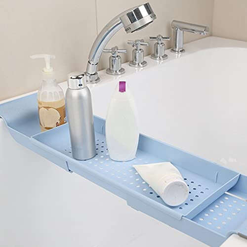 Retractable Bathtub Tray with Integrated Drain Rack, Expandable Bath Caddy Organizer for Bathroom 2