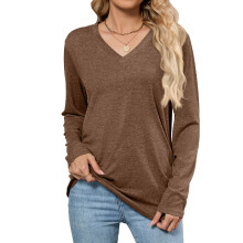 Damen-Langarmshirt mit V-Ausschnitt, lässiges Oberteil,-Kaffee M