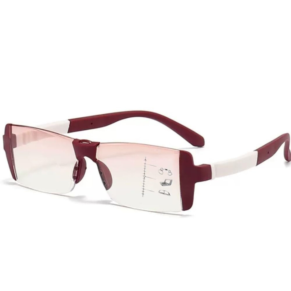 Red Progressive Reading Glasses 1.5X Rimless Bifocal Readers For Computer Use, Lightweight Design