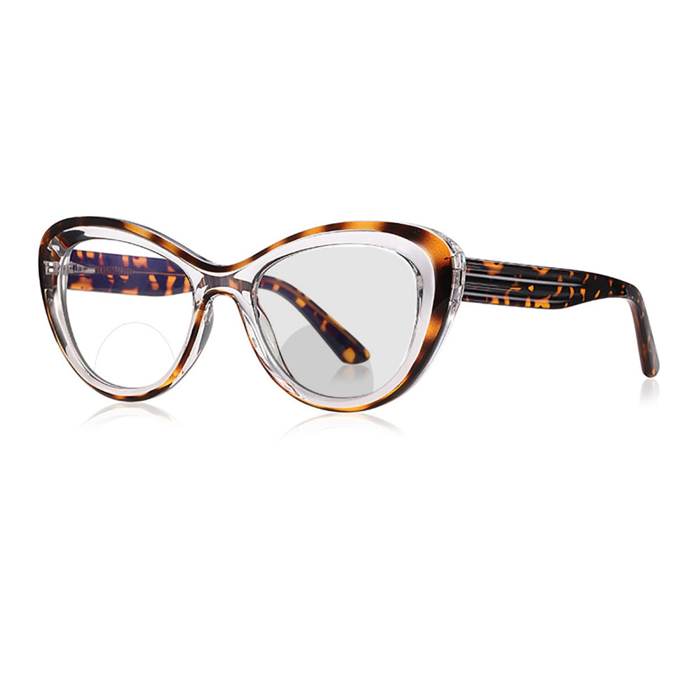 Women's Leopard Cat Eye Photochromic Bifocal Reading Glasses 0.00 Plano Magnification Stylish Eyewear
