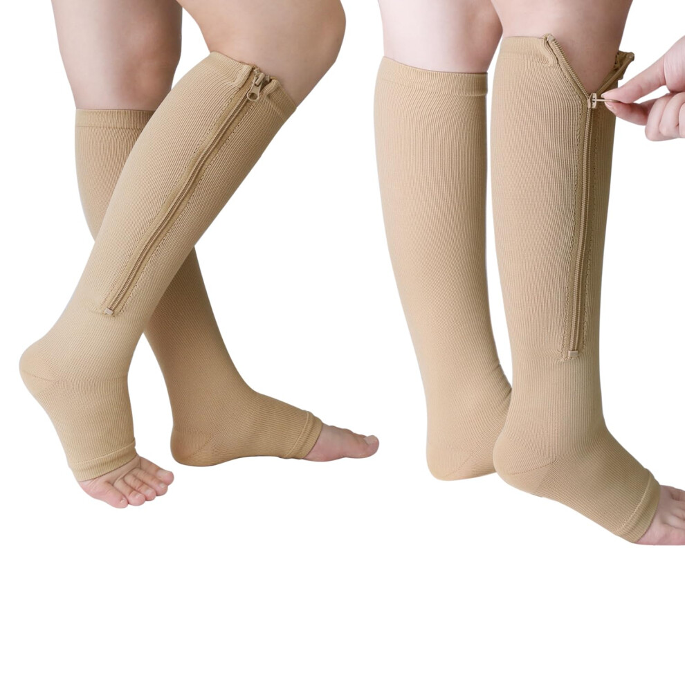 2 Pairs Zipper Compression Socks for Women and Men 1525 mmHg Open Toe Nude XXLarge Graduated Support