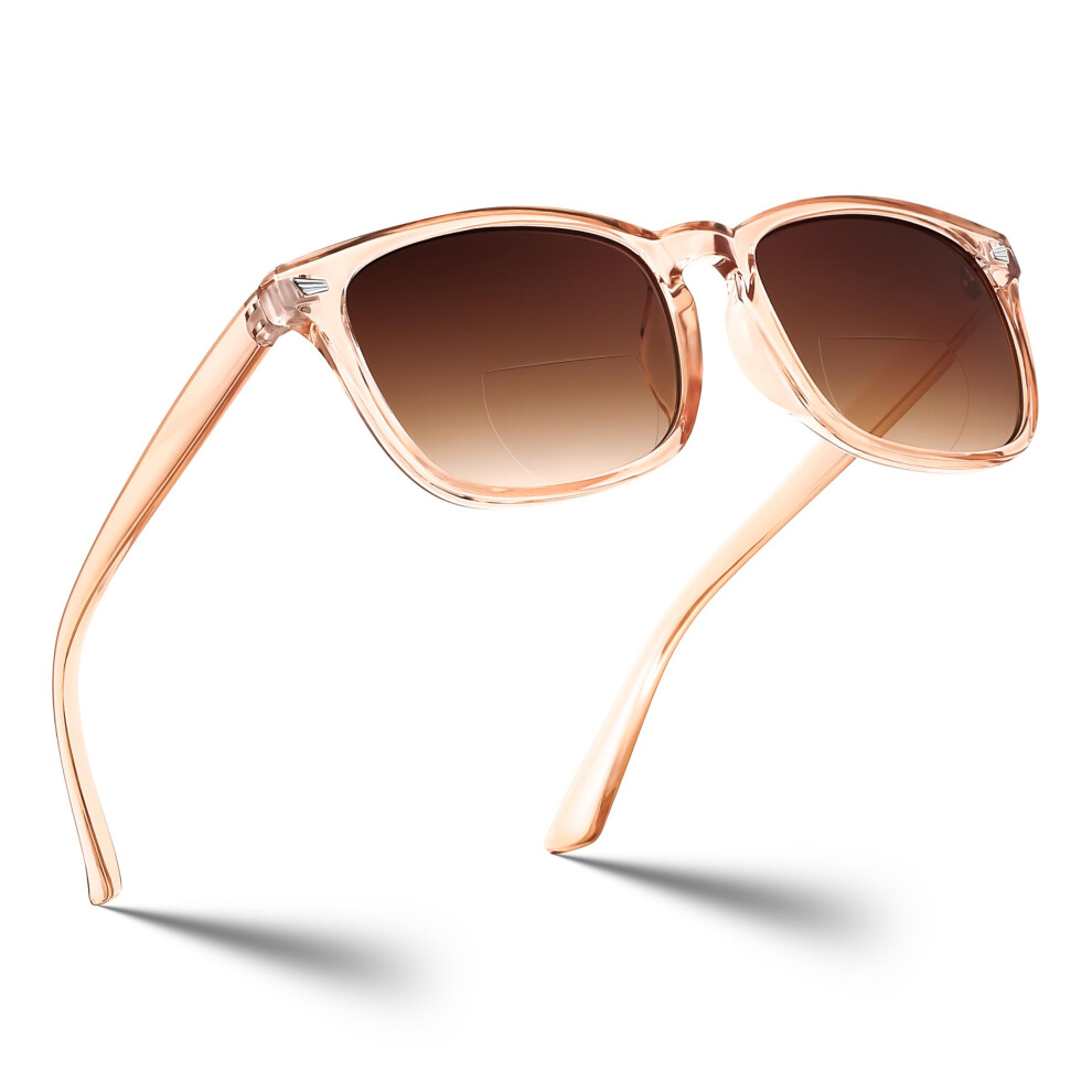 2.5x Bifocal Reading Sunglasses for Women and Men Champagne Frame Gradient Tea Lens