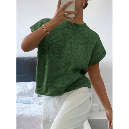 Damen Rippenpullover Rundhalsausschnitt Kurzarm Lockere Passform Blumenmuster Strickpullover Tops Dunkelgrün S