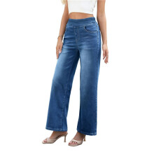 Pantalon Large en Jean  Taille pour Femme, Taille Haute, Amincissant, Multi-Poches, Coupe Droite, Ample, Décontracté Bleu Foncé Moyen M
