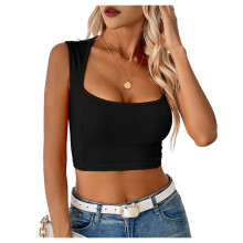 Damen Ärmelloses Crop Top Square Neck Tank Top Workout Fitness Sommer Basic Tops 2025 Trendy Schwarz XL