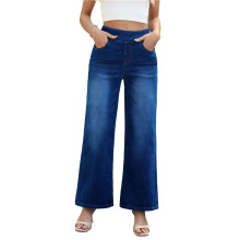 Pantalon Large en Jean  Taille pour Femme, Taille Haute, Amincissant, Multi-Poches, Coupe Droite, Ample, Décontracté Bleu Foncé L