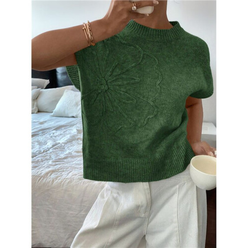 Damen Rippenpullover Rundhalsausschnitt Kurzarm Lockere Passform Blumenmuster Strickpullover Tops Dunkelgrün L 1