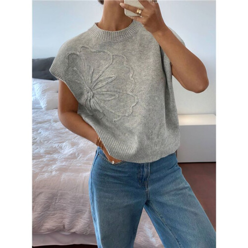 Damen Rippenpullover Rundhalsausschnitt Kurzarm Lockere Passform Blumenmuster Strickpullover Tops Silber M 1